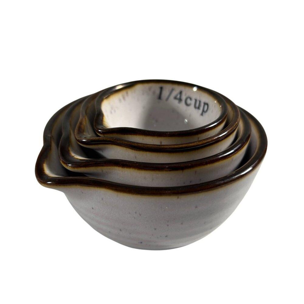 Gallery Set 4 Ceramic Brown Rim Measuring Cups Stackable Farmhouse Nesting - Picture 8 of 8